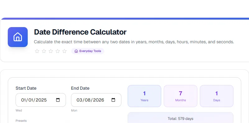 Screenshot of Date Difference Calculator tool - Taskly.tools