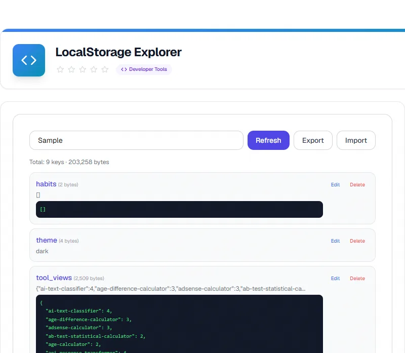 Screenshot of Localstorage Explorateur tool - Taskly.tools