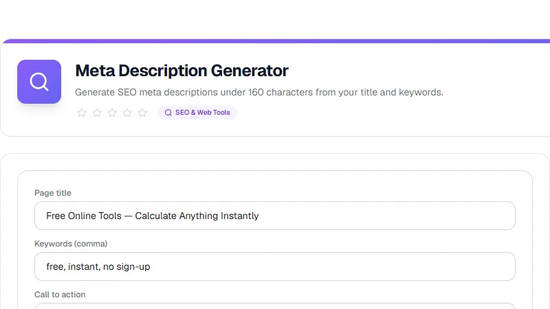 Screenshot of Meta Description Generator tool - Taskly.tools