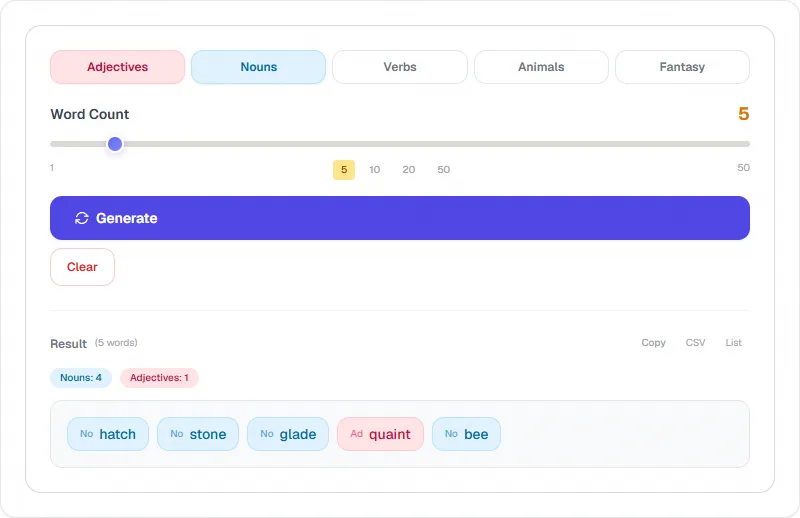 Screenshot of Random Word Generator tool - Taskly.tools