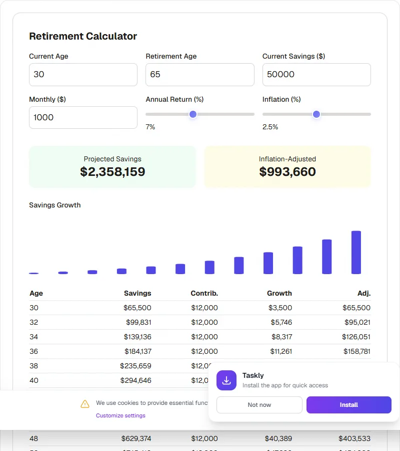 Screenshot of Retirement Rechner tool - Taskly.tools