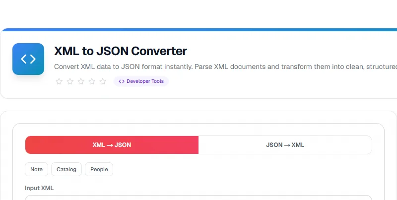 Screenshot of XML to JSON Converter tool - Taskly.tools